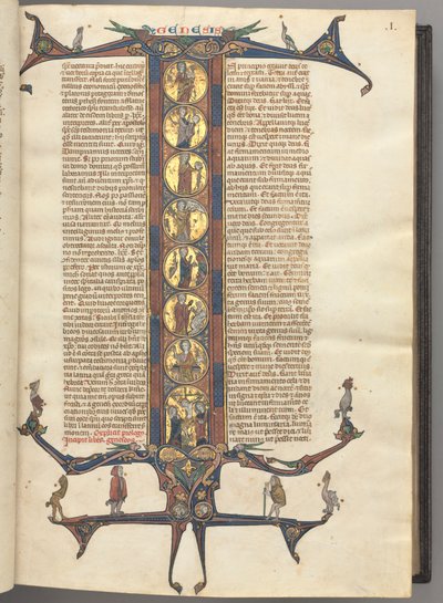 Fol. 1r, Genesis, met een over de hele lengte geschilderde initiaal I, waarop de schepping en de kruisiging zijn afgebeeld, alles op gepolijste goudkleurige ondergrond, met roze en blauwe diapered lijsten en gekartelde draak- en loofverlengingen boven en o door Unknown artist