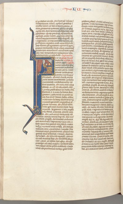 Fol. 412v, Lucas, historiated initiaal F, Lucas biddend bij een altaar, buste van God erboven door Unknown artist