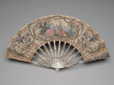 Vouwwaaier met een hofmakingsscène en muzikale trofeeën, ca. 1770-80 door Unknown artist