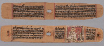 Folio 141, uit een Kalpa-soetra en verhaal van Kalakacharya: Tekst (recto); Monnik die een bloem vasthoudt vereerd door een lekendiscipel (verso) door Unknown artist