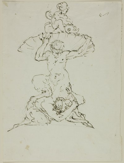 Fontein met sater en putto (recto); Punchinello (verso) door Unknown artist
