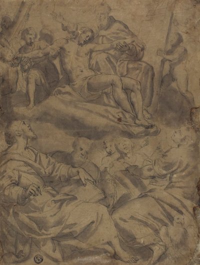 Vier evangelisten en het visioen van God die de dode Christus vasthoudt met de instrumenten van het lijden door Unknown artist