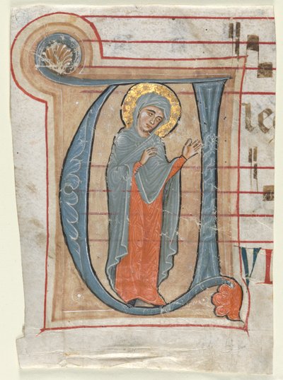 Fragment uit een graduale met geïllustreerde initiaal (V): De Maagd Maria door Unknown artist