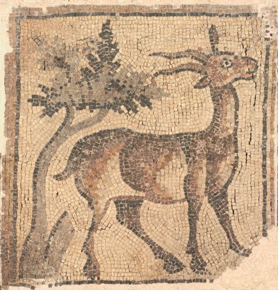 Fragment van een vloermozaïek: Steenbok bij een boom door Unknown artist