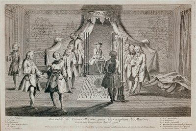 Vrijmetselarij: Bijeenkomst van Vrijmetselaars voor de ontvangst van de meesters. Ceremonie voor de intrede van de ontvanger in de loge. Hij wordt links afgebeeld, met de tweede opzichter die een vrijmetselaarsdolk op hem richt. De Grootmeester is in de door Unknown artist