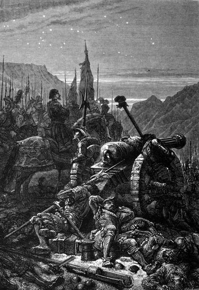François I bleef in het zadel de nacht voor de Slag bij Marignan, september 1515. Gravure uit de 19e eeuw. door Unknown artist