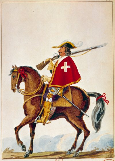 Franse Armee: De Valmont, musketier van de garde van kardinaal Richelieu. Gravure uit de 17e eeuw. Parijs, B N door Unknown artist