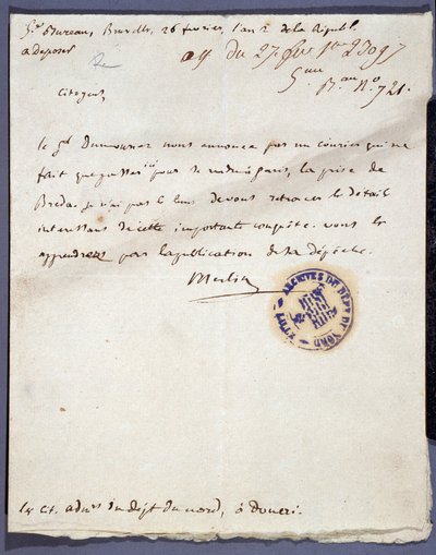 Franse Revolutie: handgeschreven brief gedateerd 26/02/1793 van een genaamde Merlin over de inname van de stad Breda in Nederland op 24 februari door generaal Dumouriez. Departementale Archieven van Nord Lille door Unknown artist