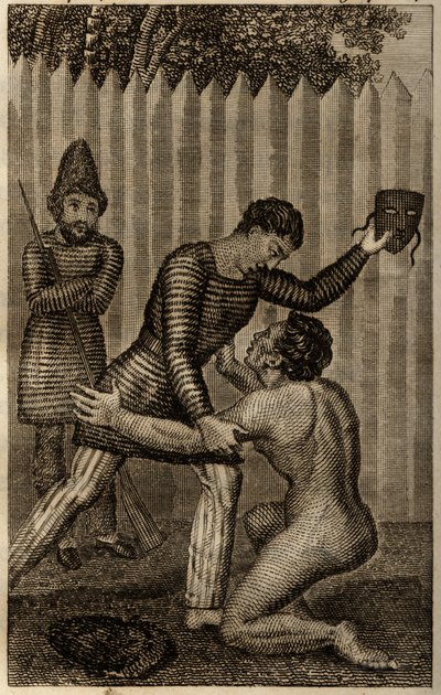 Vrijdag wordt in de armen van Robinson Crusoe geworpen, gravure ingevoegd in "De avonturen van Robinson Crusoe" door Daniel Defoe door Unknown artist