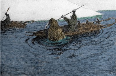 Fridtjof Nansen (1861-1930), Noorse ontdekkingsreiziger, aangevallen door een walrus tijdens de expeditie naar de Noordpool in 1896. Hij draagt de slee op de kajak. Gravure uit de 19e eeuw. door Unknown artist