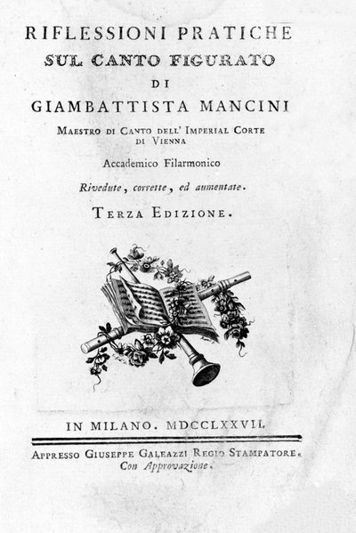 Frontispice van "Pensieri e riflessioni pratiche sul canto figurato" door de Italiaanse zangtheoreticus en castraat Giovanni Battista Mancini (1716 - 1800). 1777 door Unknown artist