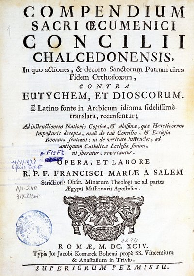 Frontispice van Compendium sacri oecumenici concilii chalcedonensis door Unknown artist