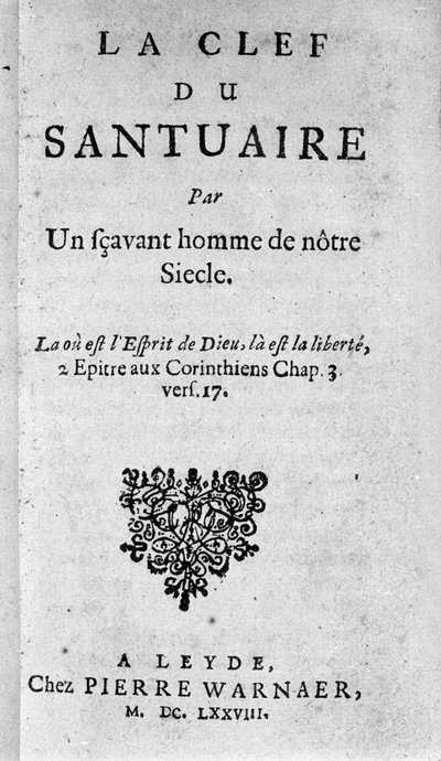 Frontispice van "De sleutel tot het heiligdom" door Baruch Spinoza (1632-1677), Nederlandse filosoof ook bekend als Bento de Espinosa of Benedictus de Spinoza of Benoit de Spinoza. 1678 door Unknown artist