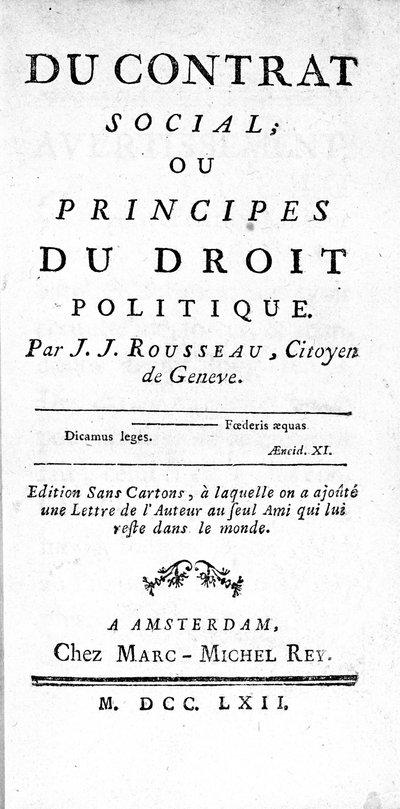 Frontispice van het Sociaal Contract of Beginselen van Politiek Recht door Jean Jacques Rousseau (1712-1778), gedrukt in Amsterdam in 1762 door Unknown artist
