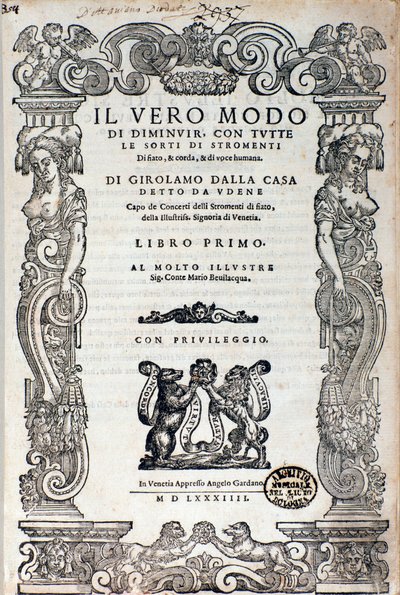 Frontispice van "Il vero modo di diminuir" verhandeling over versiering door Girolamo Dalla Casa door Unknown artist