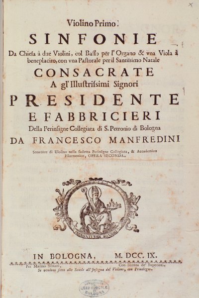Frontispice van muzikale partituur van Sinfonia da chiesa e due violini door Francesco Manfredini door Unknown artist