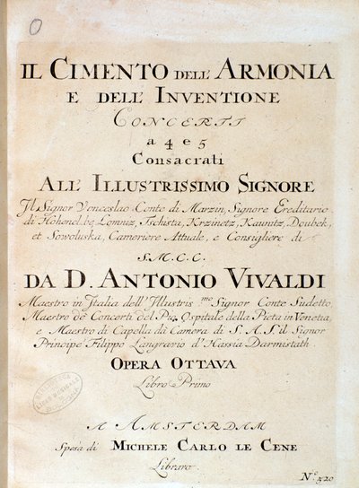 Frontispice van muzikale partituur van viool in concerto V in Il cimento dell