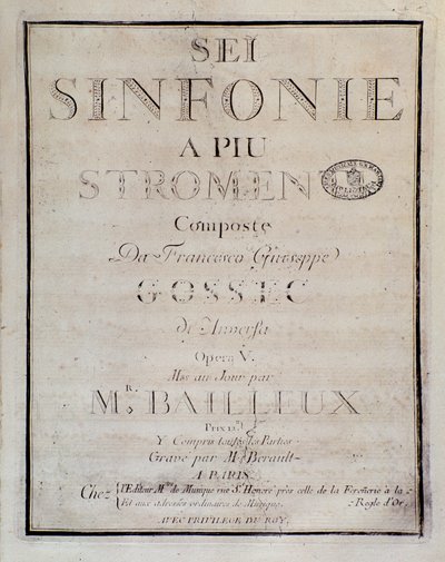 Frontispice van de partituur voor Sei sinfonie a piu strumenti op. 5 (eerste symfonie) door Francois Joseph Gossec door Unknown artist