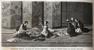 Begrafenisceremonies: de monnik van de laatste sacramenten. Gravure ter illustratie van de reis naar Japan in 1863-1864, door Aimé Humbert, minister van de Zwitserse Confederatie, in 