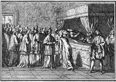 Begrafenis van een paus in de 18e eeuw: erkenning van het lichaam van de overleden paus. Gravure in 
