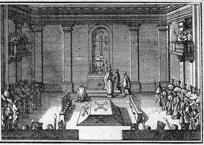 Begrafenis van een paus in de 18e eeuw: de ceremonie van de uitvaart. Gravure in 