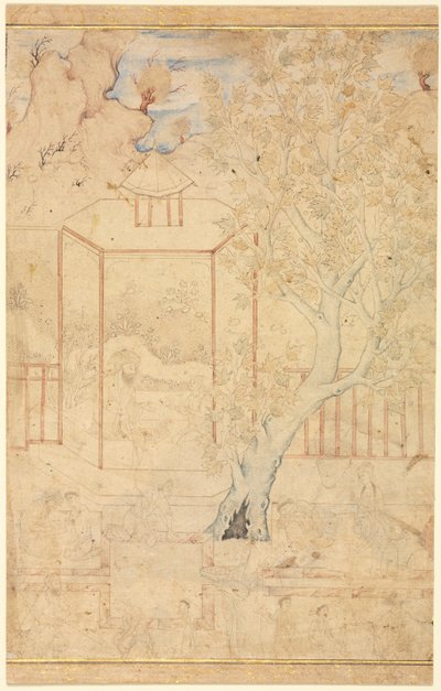 Tafereel in de Tuin met een Meester die een Student Instrueren in een Paviljoen door Unknown artist