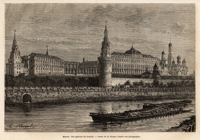 Algemeen overzicht van het Kremlin, het geografische centrum van Moskou en het politieke centrum van Rusland, de buurt gebouwd in de 14e eeuw is altijd uitgebreid en gerestaureerd door de historische perikelen van het land. Gravure ter illustratie van La R door Unknown artist
