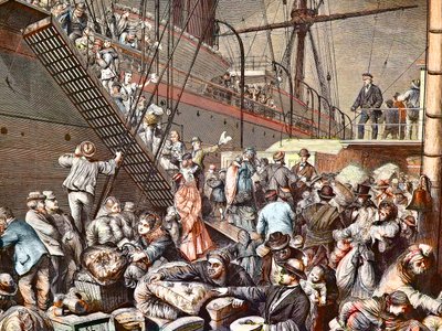 Duitse emigranten naar New York aan boord van een Hamburgse stoomboot in 1874, gravure - (Deutsche Emigranten) door Unknown artist