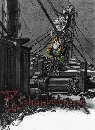 Germaanse mythologie: representatie van een Klabautermann op het dek van een schip, een elf beschermer van schepen op zee. Gravure uit de 19e eeuw door Unknown artist