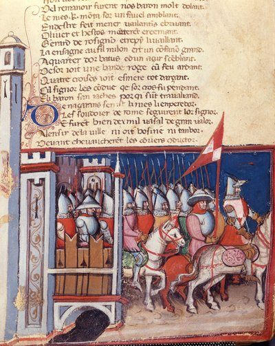 Gebarensong: een leger van mannen te paard verlaat een kasteel. Miniatuur uit het Frans-Italiaanse manuscript 