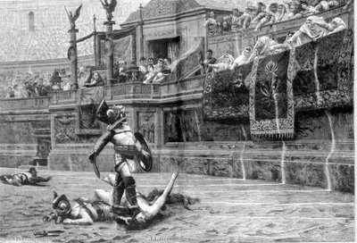Gladiatorengevecht in de Romeinse tijd naar het schilderij van J L Gerome door Unknown artist