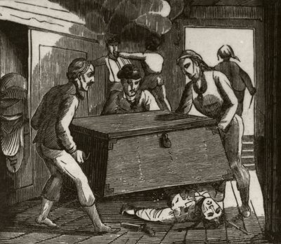 Gordon en zijn metgezellen drukken de Franse kapitein dood met een grote kist, ca.1836 door Unknown artist