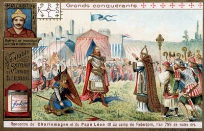 Grote veroveraars: portret van Karel de Grote (742 of 747-814) en zijn ontmoeting met paus Leo III (750-816) in het kamp van Paderborn (Duitsland), in 799 - Liebig chromolithografie door Unknown artist