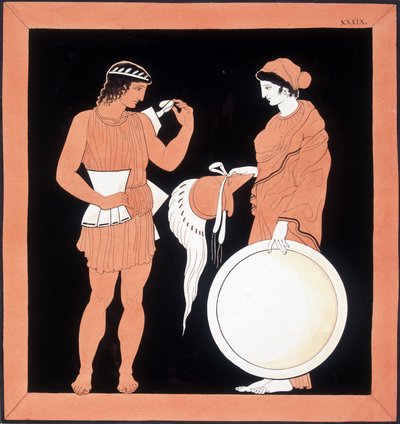 Griekse mythologie: Andromaque presenteert de wapens aan haar man door Unknown artist