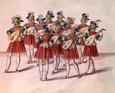 Groep muzikanten die luit spelen. Aquarel en pen door Daniel Rabel (1578-1637) uit het Album Chateau de Bicetre 17e eeuw Parijs, Louvre Museum door Unknown artist