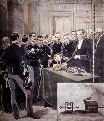 Guglielmo Marconi presenteerde de draadloze telegrafie (TSF) op een conferentie bij het Ministerie van Marine in 1897. door Unknown artist