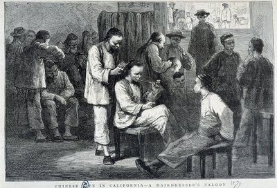 Kapsalon in de Chinese gemeenschap van Californië - gravure door Unknown artist