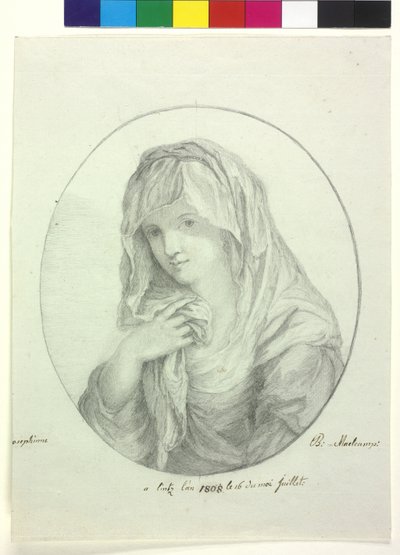 Halflengte van een jonge vrouw met doek om het hoofd Dame met sluier vestalin door Unknown artist