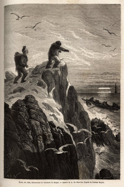 Hans, een jager die artsen Hayes en Kane had vergezeld op een eerdere Arctische expeditie, voordat hij hen verliet om zich in een Eskimau-dorp te vestigen, signaleert het schip van Hayes in de hoop gerepatrieerd te worden in 1860. Gravure ter illustratie v door Unknown artist