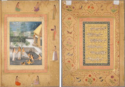 Harem nachtbadscène (recto): kalligrafie omlijst door een decoratieve rand van bloemen en vogels (verso) door Unknown artist