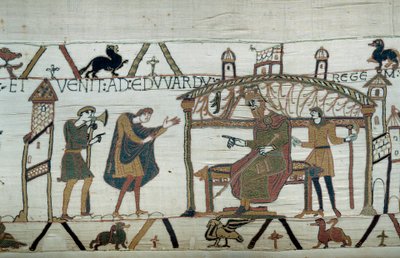Harold, die terugkeerde naar Engeland na zijn ambassade bij hertog Willem de Veroveraar (1027-1087), vertelt zijn reis aan koning Edward de Belijder (detail van het Tapijt van Bayeux) door Unknown artist