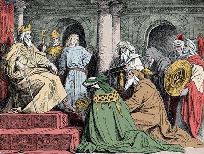 Geschenken van Harun al Rachid - Ambassadeurs van de Abbasidische kalief Haroun ar Rachid (763-809) bieden hun geschenken aan Karel de Grote (742-814) aan, rond 802 door Unknown artist