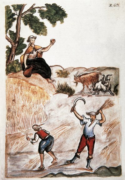 Oogsten, Indianen van Peru werken op de velden. Aquarel uit de 18e eeuw Madrid. Biblioteca del Palacio Real door Unknown artist