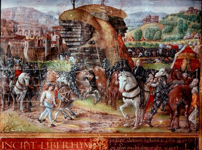 Hebreeuwse ridders geleid door David lopen op de Filistijnen. Miniatuur uit het manuscript Ms. Plut. 15/17, f. 3 