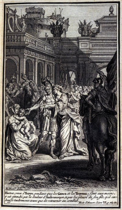 Hector, die naar Troje kwam terwijl de Grieken en de Trojanen in hun handen waren, werd getroffen door het verdriet van Andromache en door het huilen van zijn zoon, die hij teder kuste voordat hij terugkeerde naar de strijd. Illustratie van boek VI van de  door Unknown artist