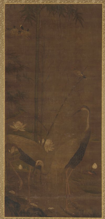 Reigers, lotus en bamboe door Unknown artist