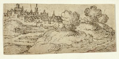 Heuvelstad met Bomen op de Voorgrond door Unknown artist