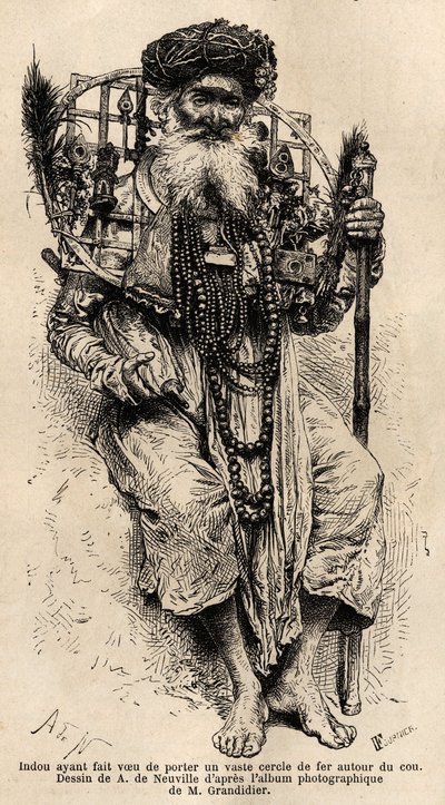 Hindoe die gezworen heeft een grote ijzeren cirkel om zijn nek te dragen. Gravure ter illustratie van de reis in de zuidelijke provincies van India, door Alfred Grandidier, in 1862-1864, gepubliceerd in 