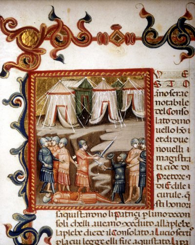 Historiae romanae decades (= groepen van 10 boeken) (in het Frans Geschiedenis van Rome vanaf de stichting tot 292 v.Chr.) door Titus Livius (-59 - 17). Miniatuur die de Romeinse verovering voorstelt. 14e eeuw. door Unknown artist