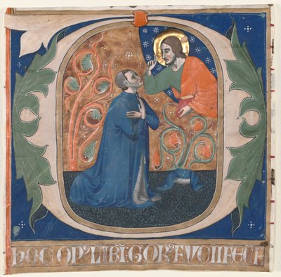 Geïllustreerde initiaal (O) uitgesneden uit een antifonarium: De schenker, Gorus Fucci, knielt voor Christus door Unknown artist